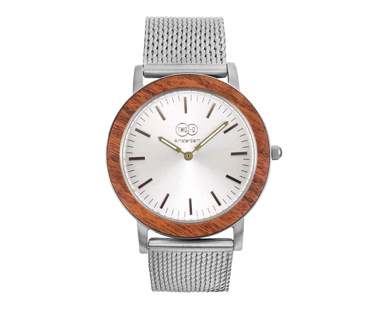 wooden watch for men in walnut silver strap from amsterdam brand two-o