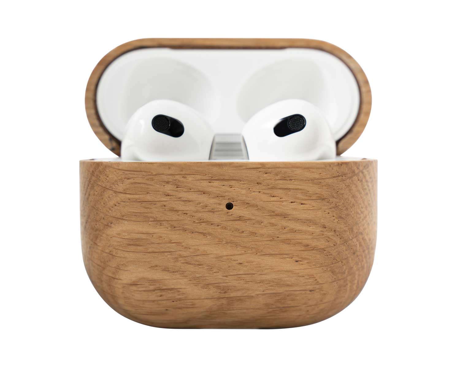 oak wooden AirPods case with AirPods opened front view
