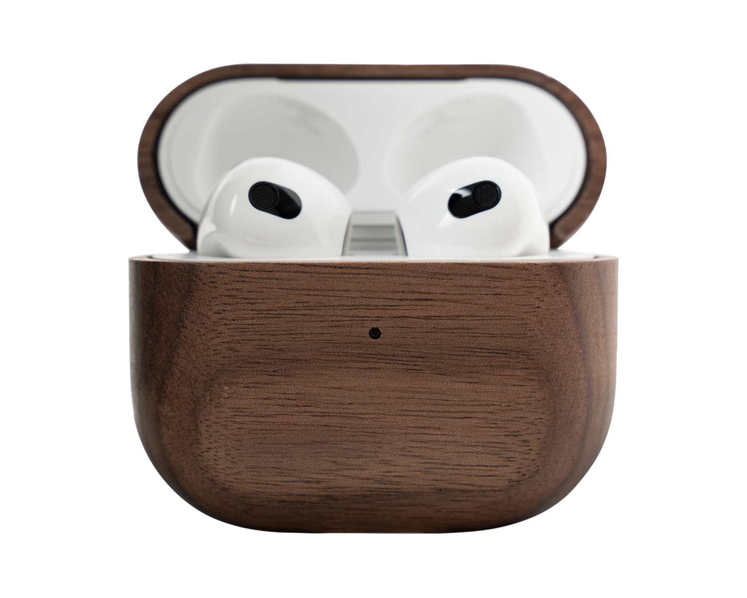 walnut wooden AirPods case with AirPods opened front view