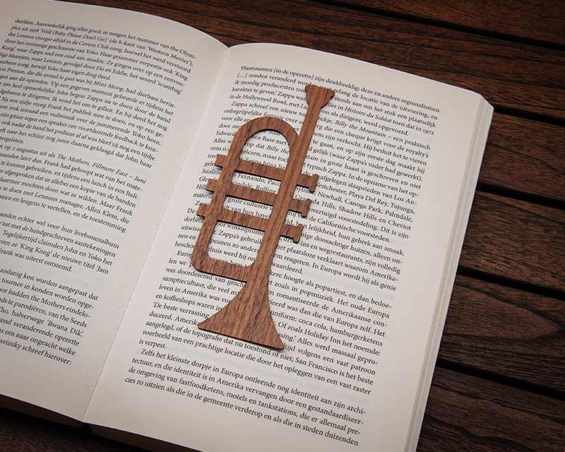 trumpet music instrument bookmark wood walnut in book