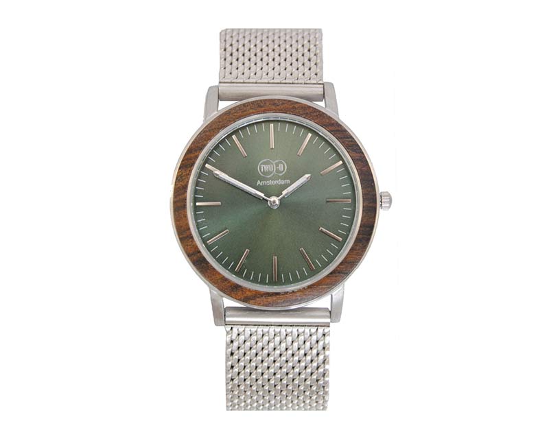 montre en bois pour homme en noyer avec bracelet en acier inoxydable de la marque amsterdamoise two-o