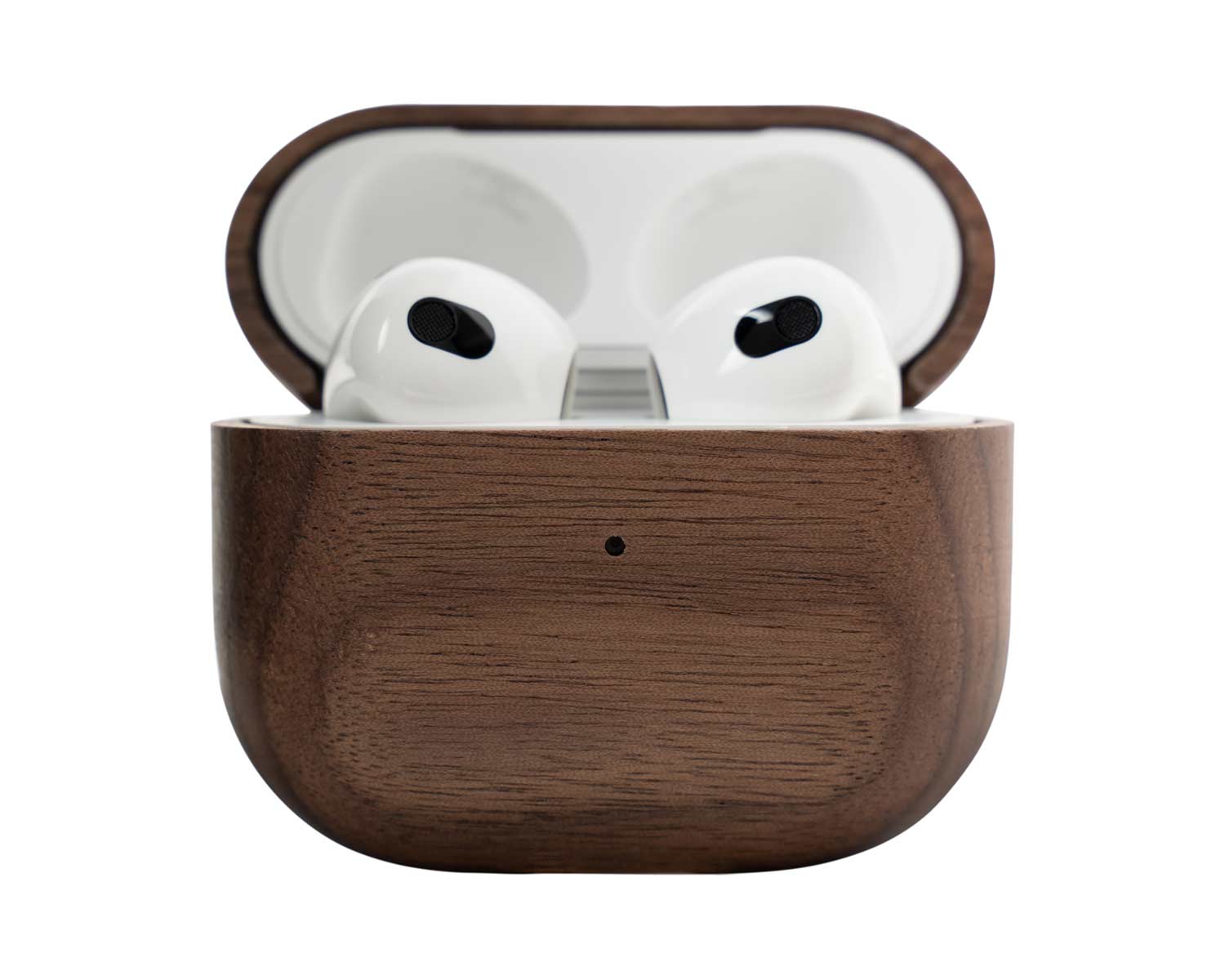 oakywood airpods 3 case walnut oak 408 01 walnut wooden AirPods case with AirPods opened front view